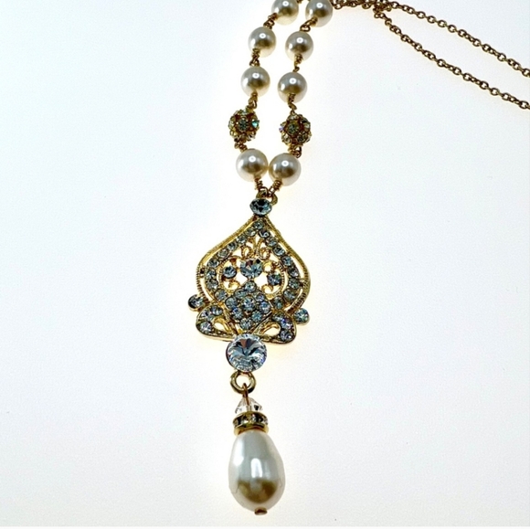 BOHEMIAN Gold Drop Vintage Inspired Necklace With Simulated Pearls & Rhinestones - Picture 3 of 8